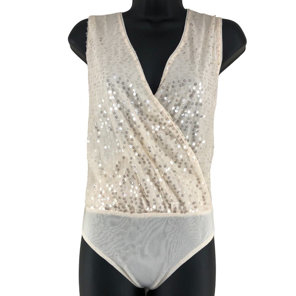 MNG Womens Size S Sequin Bodysuit Sparkle Top Sleeveless Faux Wrap